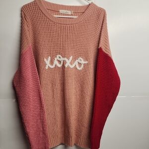 Nora Madison XOXO Day Pink, Salmon & Red Crew Neck Sweater Cozy Sz L